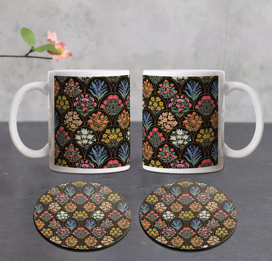 Floral Damask Pattern Combo Mugs and Coaster(Set of 2 Mugs and 2 coasters) 330 ml Coffee Mug