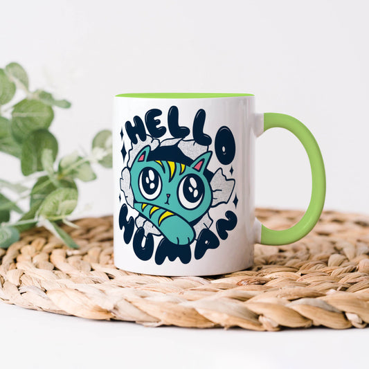 Cute Cat saying hello Human design Light Green Handle 330 ml Coffee Mug