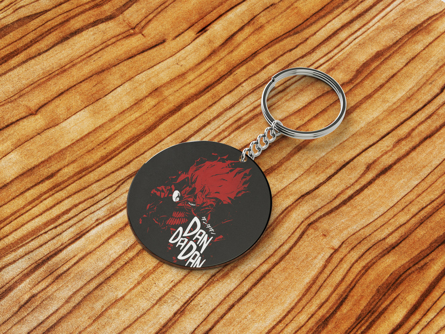 Red Rage Dandadan Printed Round Circle Shape Wooden Keyring with Chain