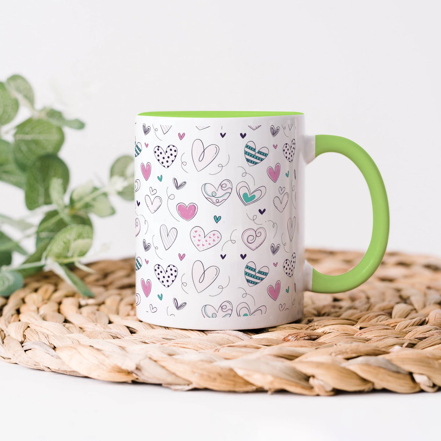 Pretty hearts pattern design Light Green Handle 330 ml Coffee Mug
