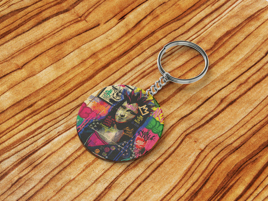 Mona Lisa pop Artwork Printed Round Circle Shape Wooden Keyring with Chain