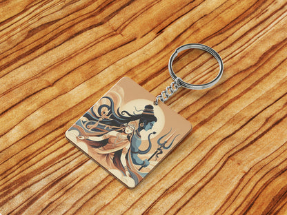 Maha Shivratri Lord Shiva Artwork, Mahadev illustration Printed Square Shape Wooden Keyring with Chain
