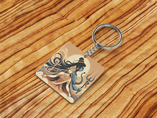 Maha Shivratri Lord Shiva Artwork, Mahadev illustration Printed Square Shape Wooden Keyring with Chain