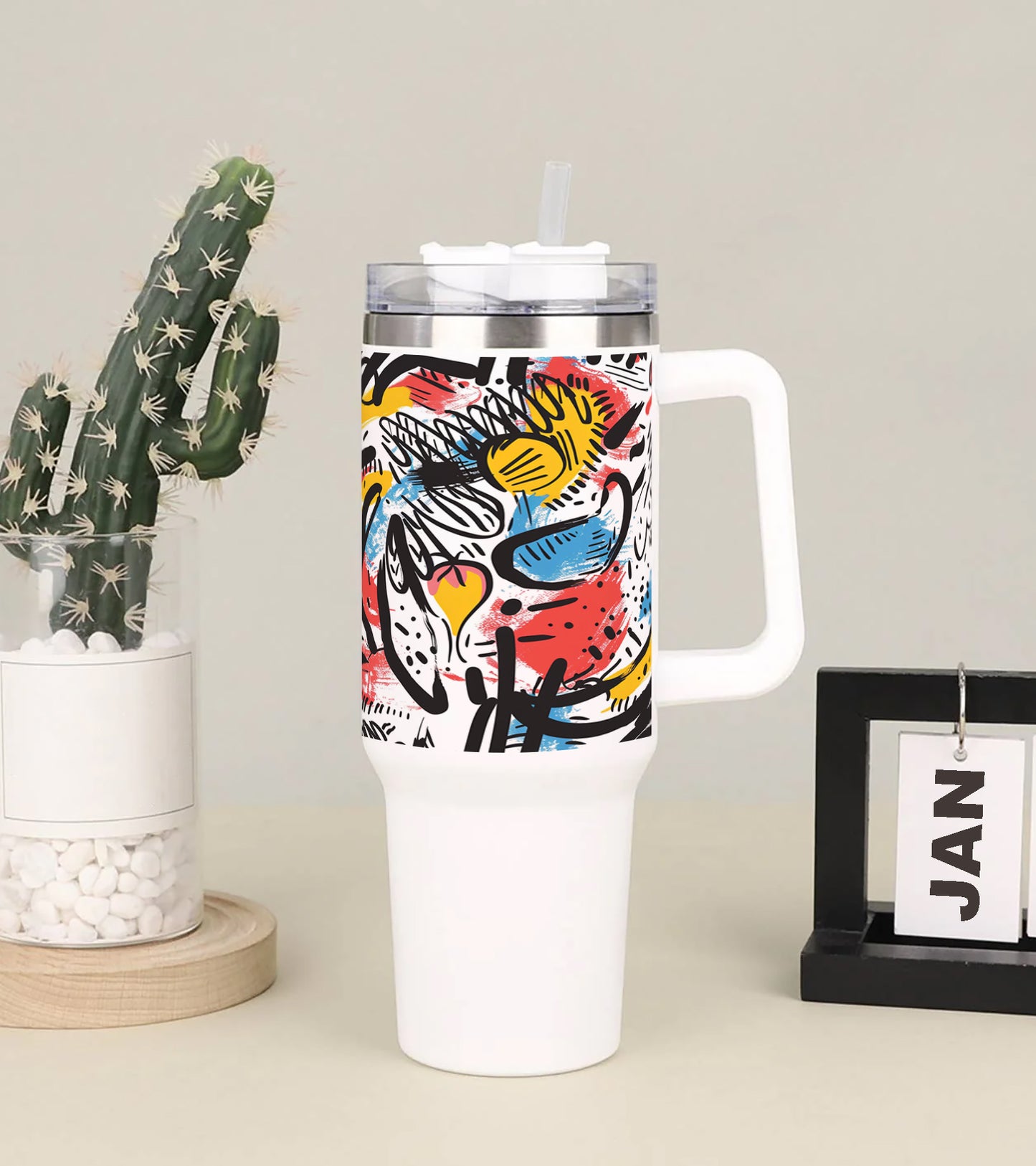 A colorful painting of a man with a yellow hat Printed 850ML with Lid Leak Proof Big Travel Tumbler with Handle and Straw