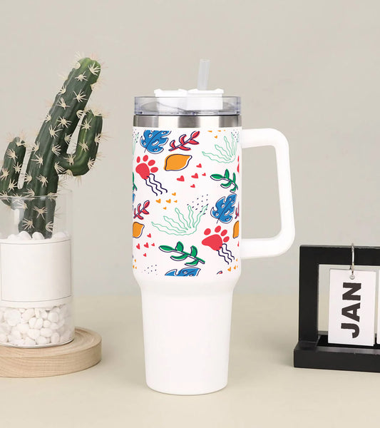 Hand drawn abstract element pattern Printed 850ML with Lid Leak Proof Big Travel Tumbler with Handle and Straw