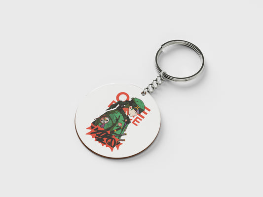 ZORO One Piece Streetwear Essential Design Printed Circle Shape Wooden Keyring with Chain