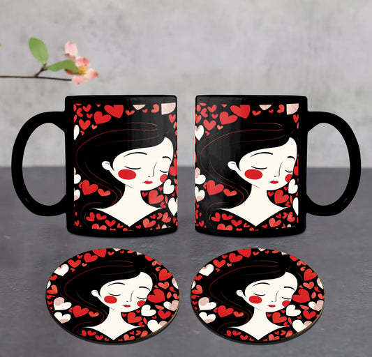 Woman and Hearts Vector Art Pattern Combo Mugs and Coaster(Set of 2 Mugs and 2 coasters) 330 ml Full Black Coffee Mug