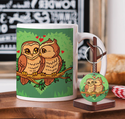 Valentines Day Owl Couple Mug and Keychain Combo 330 ml Coffee Mug