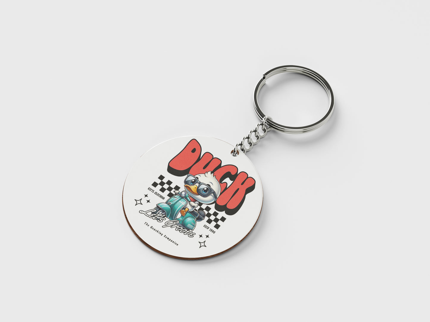 Duck - Lets Groove Design Printed Circle Shape Wooden Keyring with Chain