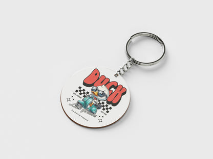 Duck - Lets Groove Design Printed Circle Shape Wooden Keyring with Chain