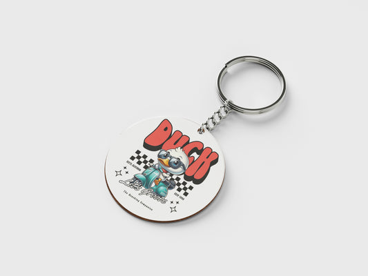 Duck - Lets Groove Design Printed Circle Shape Wooden Keyring with Chain