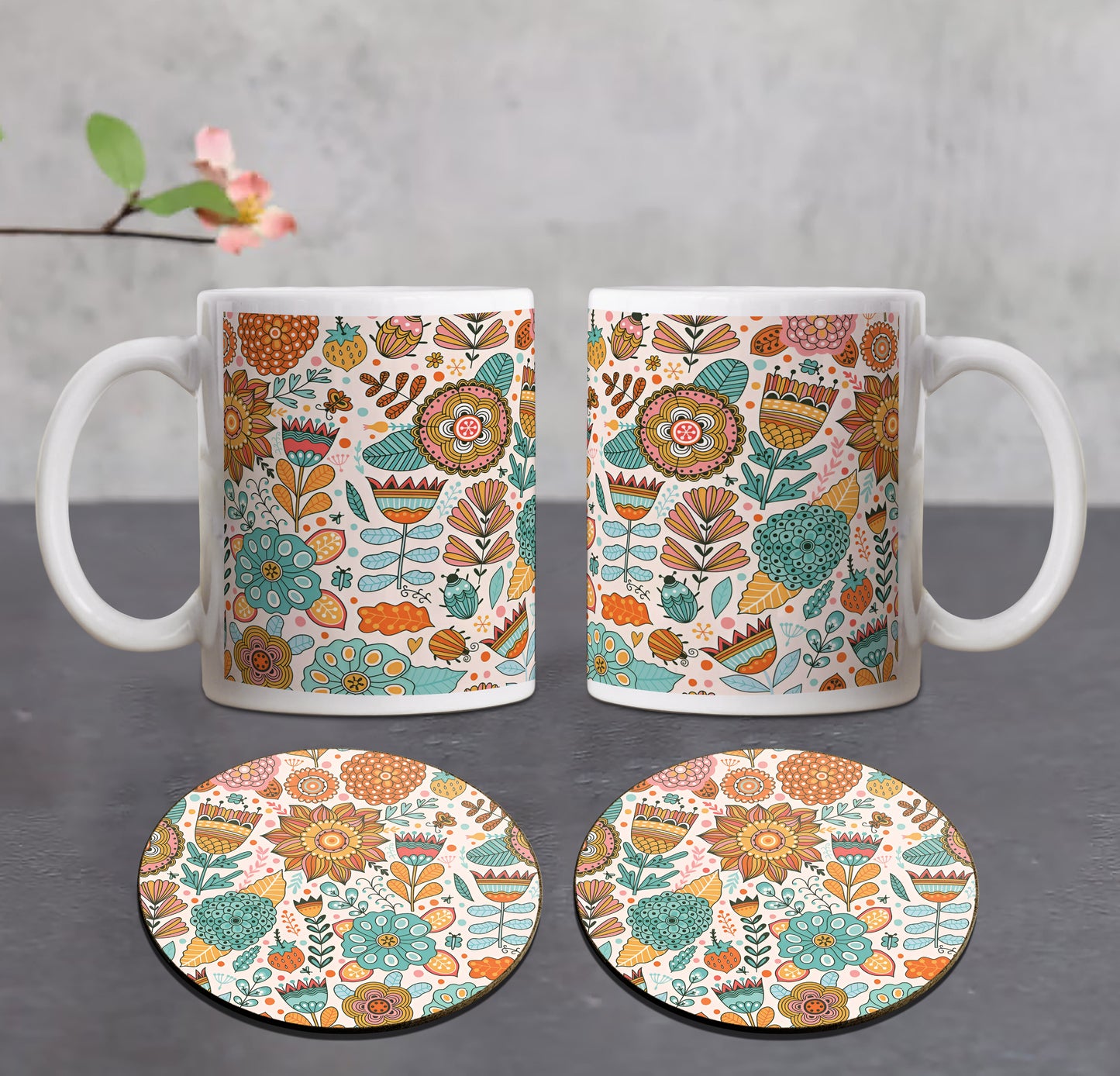 Vector flower Seamless pattern Combo Mugs and Coaster(Set of 2 Mugs and 2 coasters) 330 ml Coffee Mug