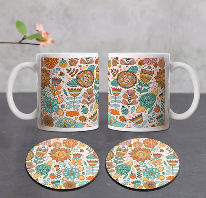 Vector flower Seamless pattern Combo Mugs and Coaster(Set of 2 Mugs and 2 coasters) 330 ml Coffee Mug