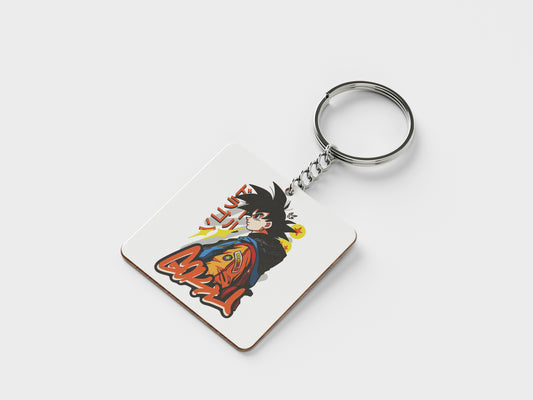 Goku streetwear Sticker Printed Square Shape Wooden Keyring with Chain