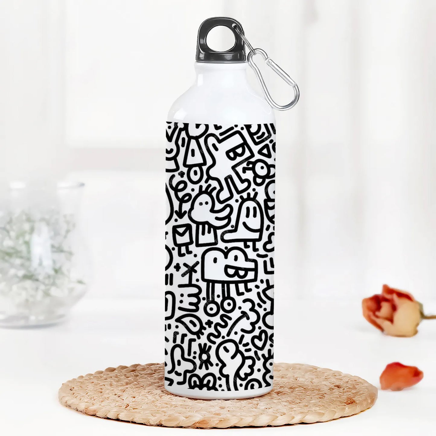 Black in white doodle art Printed Normal Sipper Water Bottle 750 ml For Gym, Yoga, Kids, Boys, Girls, Brother, Sister, Babies, Baby, Workout, Adults