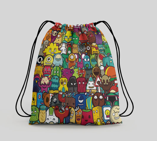 Doodle Smiling Monsters Seamless Pattern Polyester String Backpack Bags for kids for Gym, Yoga, Tuition ,Beach Bag for 4-10 year boys and girls