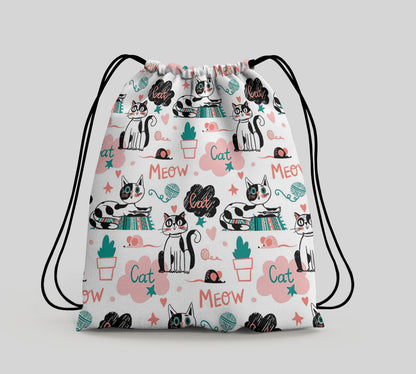 Doodle Animals and Words Pattern Polyester String Backpack Bags for kids for Gym, Yoga, Tuition ,Beach Bag for 4-10 year boys and girls