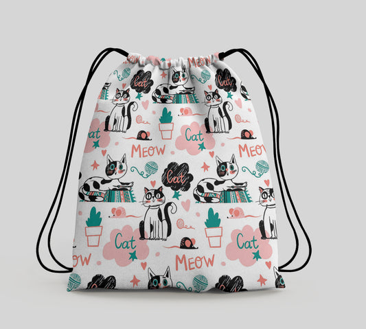 Doodle Animals and Words Pattern Polyester String Backpack Bags for kids for Gym, Yoga, Tuition ,Beach Bag for 4-10 year boys and girls