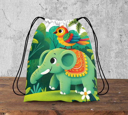 Adventure of Bird and Elephant Pattern Polyester String Backpack Bags for kids for Gym, Yoga, Tuition ,Beach Bag for 4-10 year boys and girls