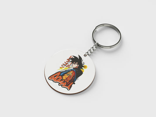 Goku streetwear Sticker Printed Circle Shape Wooden Keyring with Chain