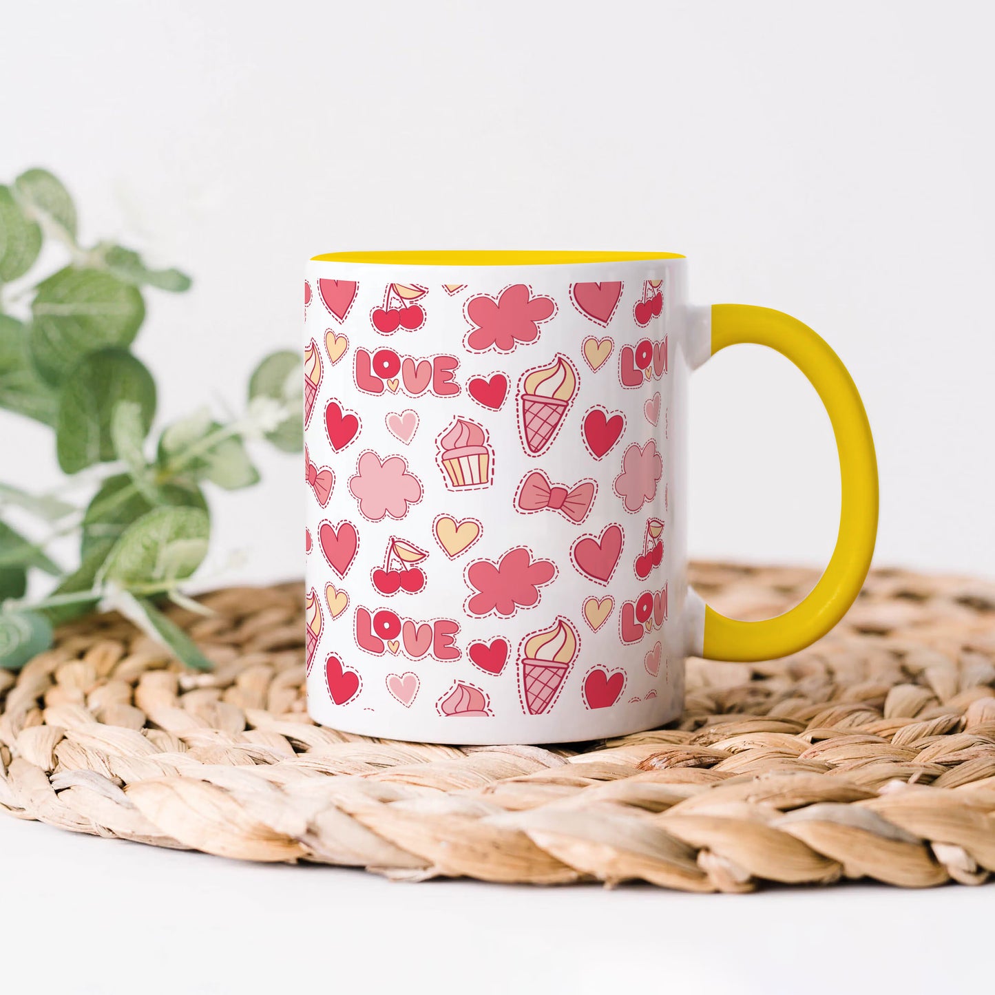 Retro pattern of decorative love elements design Yellow Handle 330 ml Coffee Mug