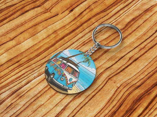 Camping Van on Morning Sun Beach Printed Round Circle Shape Wooden Keyring with Chain