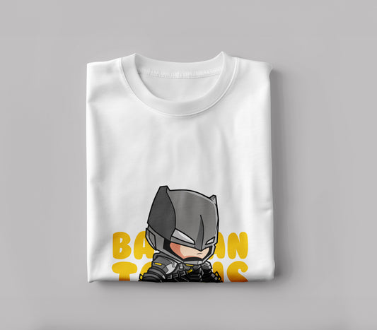 Cute batman illustration icon vector flat cartoon style Printed White Round Neck Polyester T Shirt for Mens and woman's