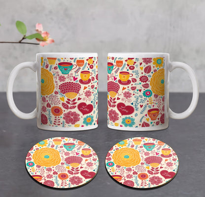 Tea and flowers Seamless pattern Combo Mugs and Coaster(Set of 2 Mugs and 2 coasters) 330 ml Coffee Mug