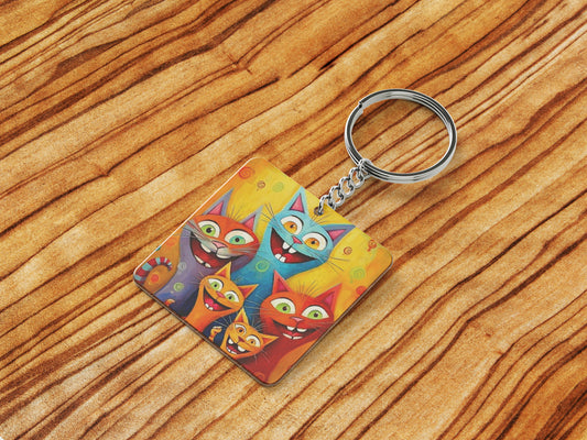 Cartoon cat group watercolor Artwork Printed Square Shape Wooden Keyring with Chain