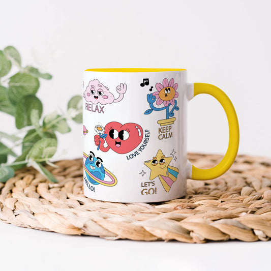 Hand drawn trendy cartoon badges design Yellow Handle 330 ml Coffee Mug