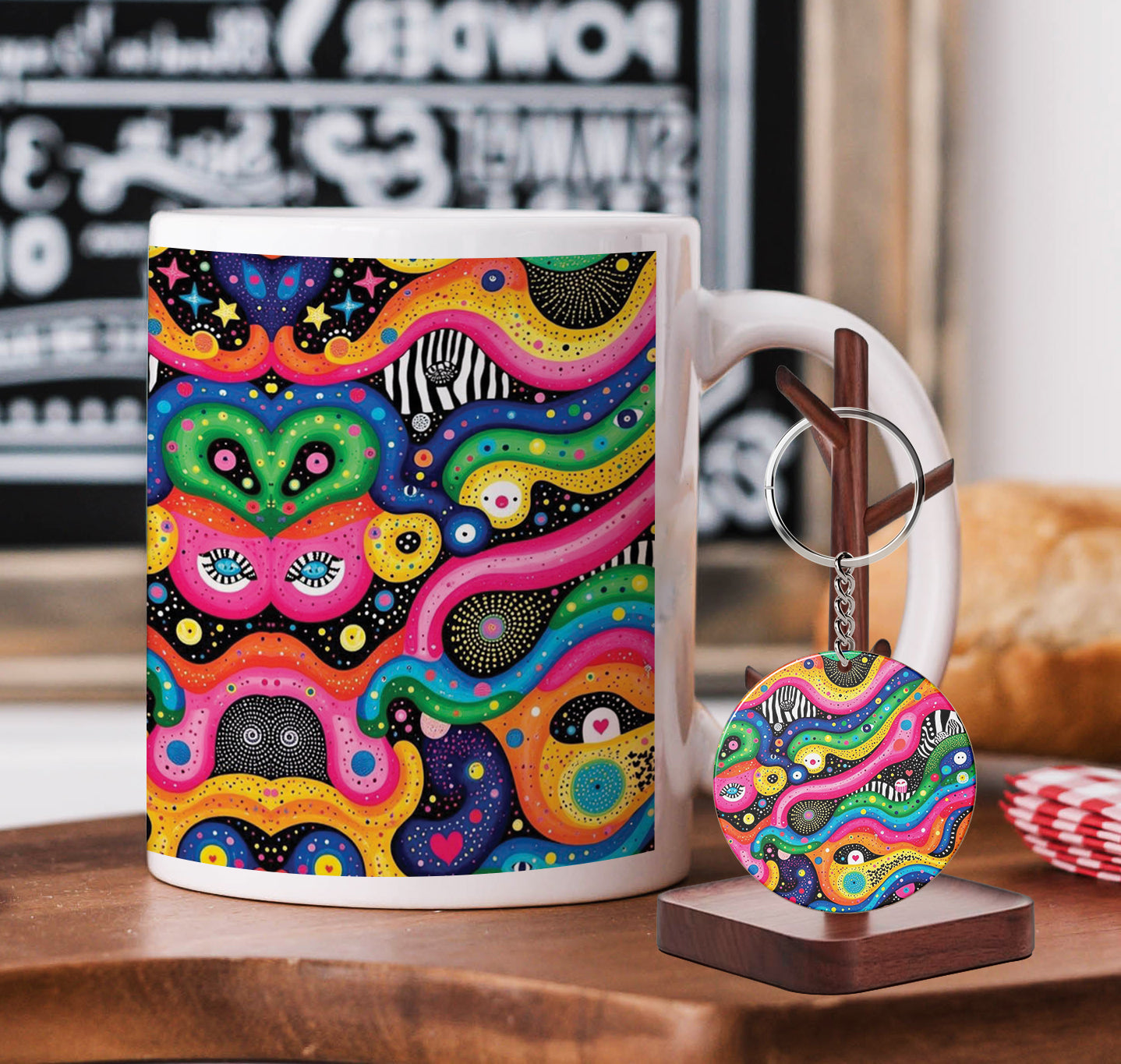 Vibrant Abstract Swirls and Circles Mug and Keychain Combo 330 ml Coffee Mug