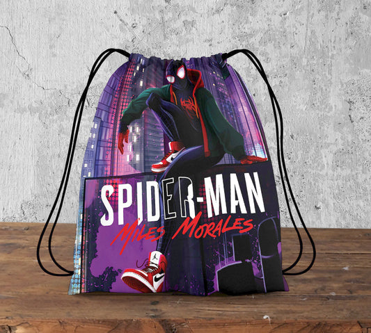 Miles Morales Spiderman Pattern Polyester String Backpack Bags for kids for Gym, Yoga, Tuition ,Beach Bag for 4-10 year boys and girls