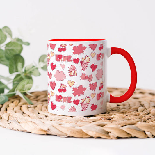 Retro pattern of decorative love elements design Red Handle 330 ml Coffee Mug