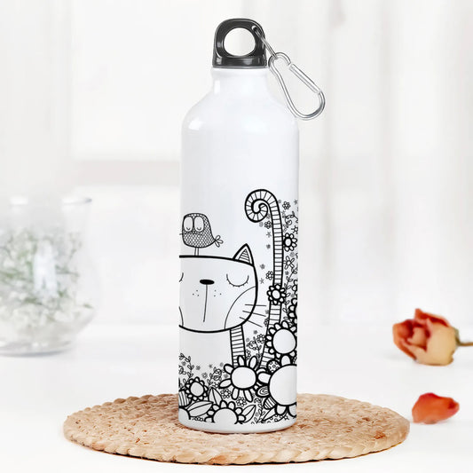 Black in white doodle art cat and birds Printed Normal Sipper Water Bottle 750 ml For Gym, Yoga, Kids, Boys, Girls, Brother, Sister, Babies, Baby, Workout, Adults