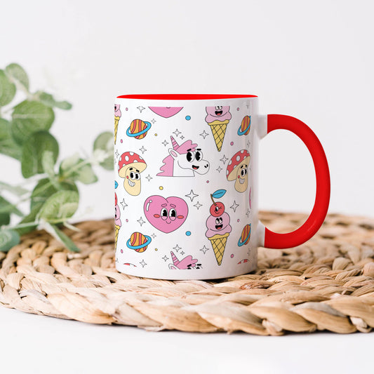 Hand drawn flat trendy cartoon pattern Red Handle 330 ml Coffee Mug