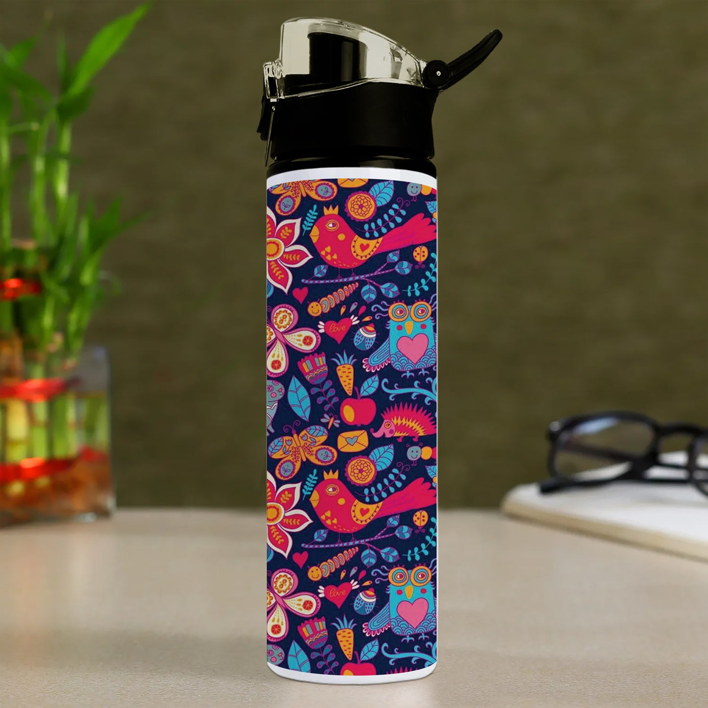 Owl, rabbit, butterfly, hedgehog Forest seamless pattern Printed Flip Flop Water Bottle 750 ml For Gym, Yoga, Kids, Boys, Girls, Brother, Sister, Babies, Baby, Workout, Adults