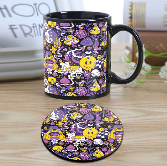 Trippy pattern Design Full Black 330 ml Coffee Mug with Coaster
