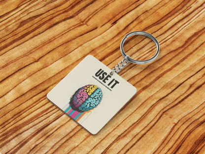 Vibrant Dual Hemisphere Brain Art Motivational Printed Square Shape Wooden Keyring with Chain