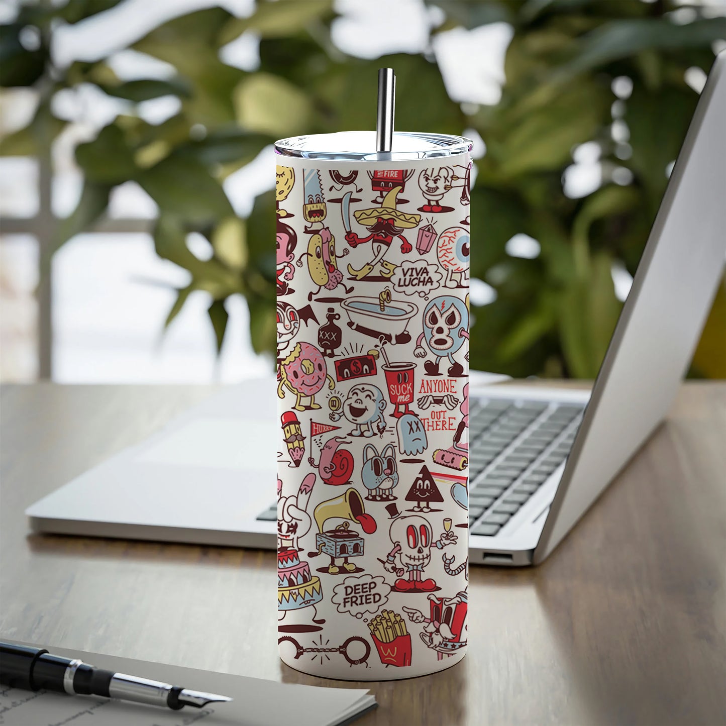 Cartoon doodle Pattern Printed 750ML with Lid Leak Proof Travel Tumbler with Straw