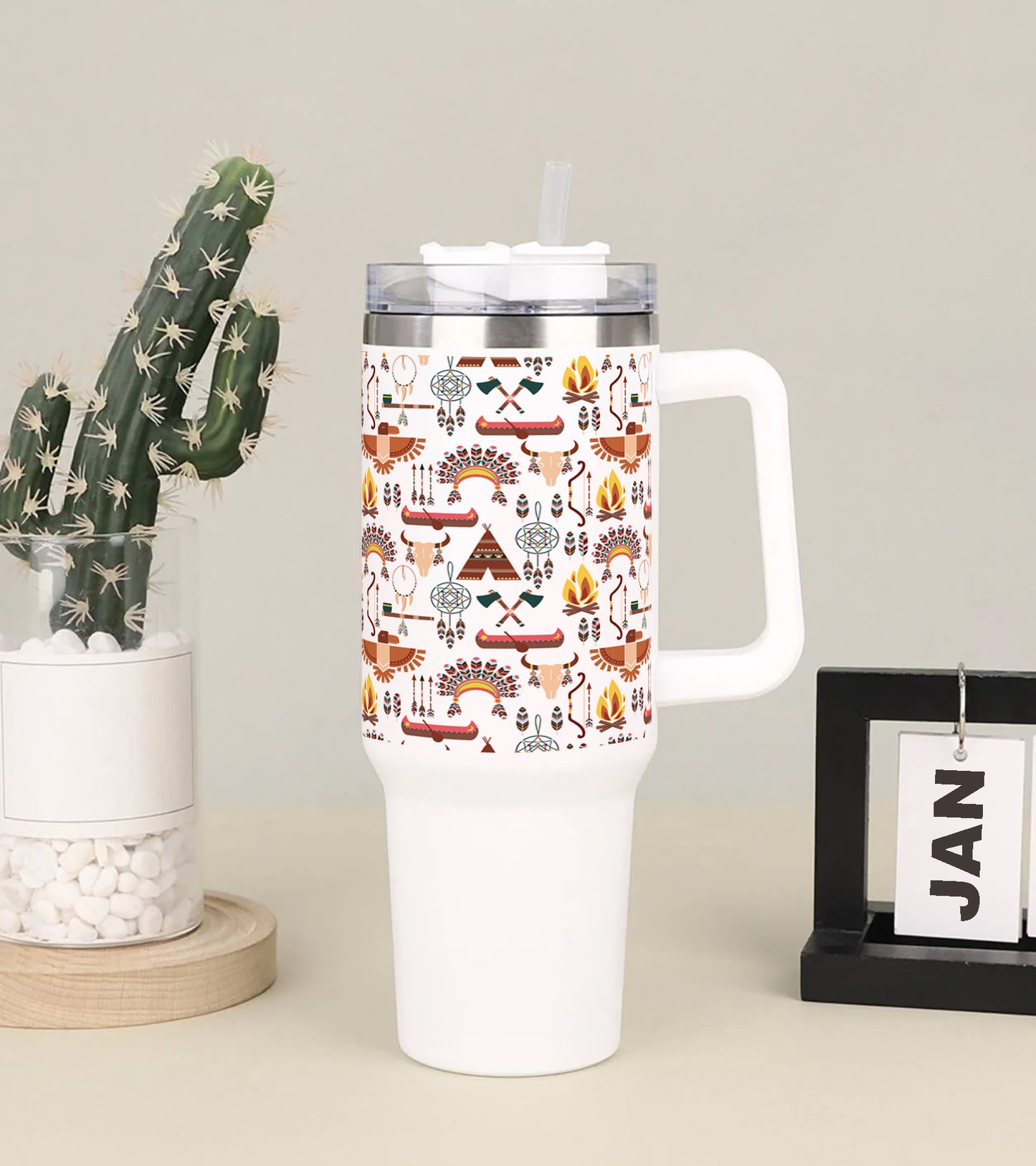 Seamless Pattern American Tribal Native Symbols Printed 850ML with Lid Leak Proof Big Travel Tumbler with Handle and Straw