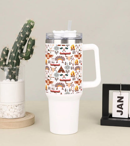 Seamless Pattern American Tribal Native Symbols Printed 850ML with Lid Leak Proof Big Travel Tumbler with Handle and Straw