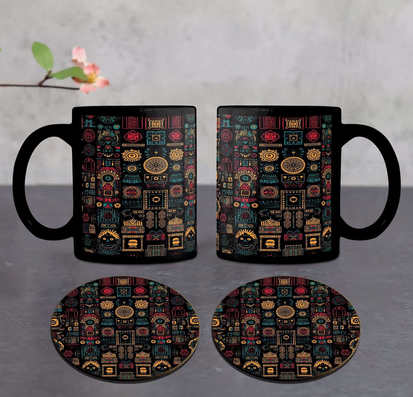 Aztec Wheel Pattern Combo Mugs and Coaster(Set of 2 Mugs and 2 coasters) 330 ml Full Black Coffee Mug