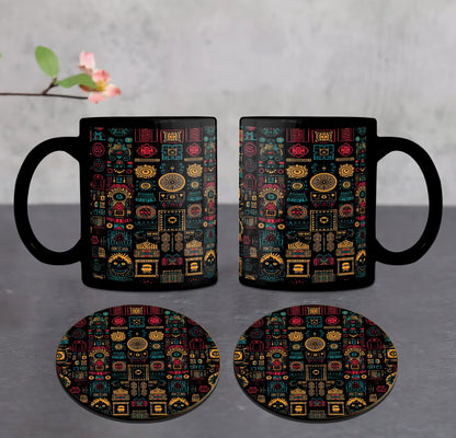 Aztec Wheel Pattern Combo Mugs and Coaster(Set of 2 Mugs and 2 coasters) 330 ml Full Black Coffee Mug