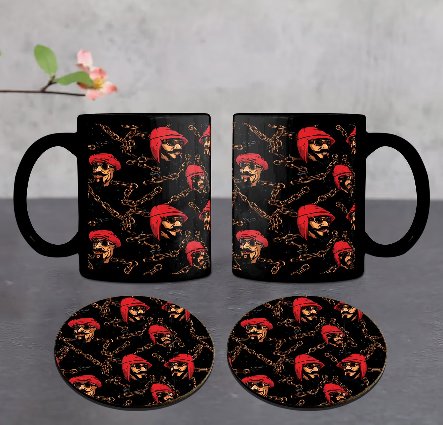 Pirate Chain Pattern Combo Mugs and Coaster(Set of 2 Mugs and 2 coasters) 330 ml Full Black Coffee Mug