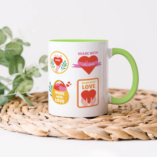 Hand drawn made with love floral label design Light Green Handle 330 ml Coffee Mug