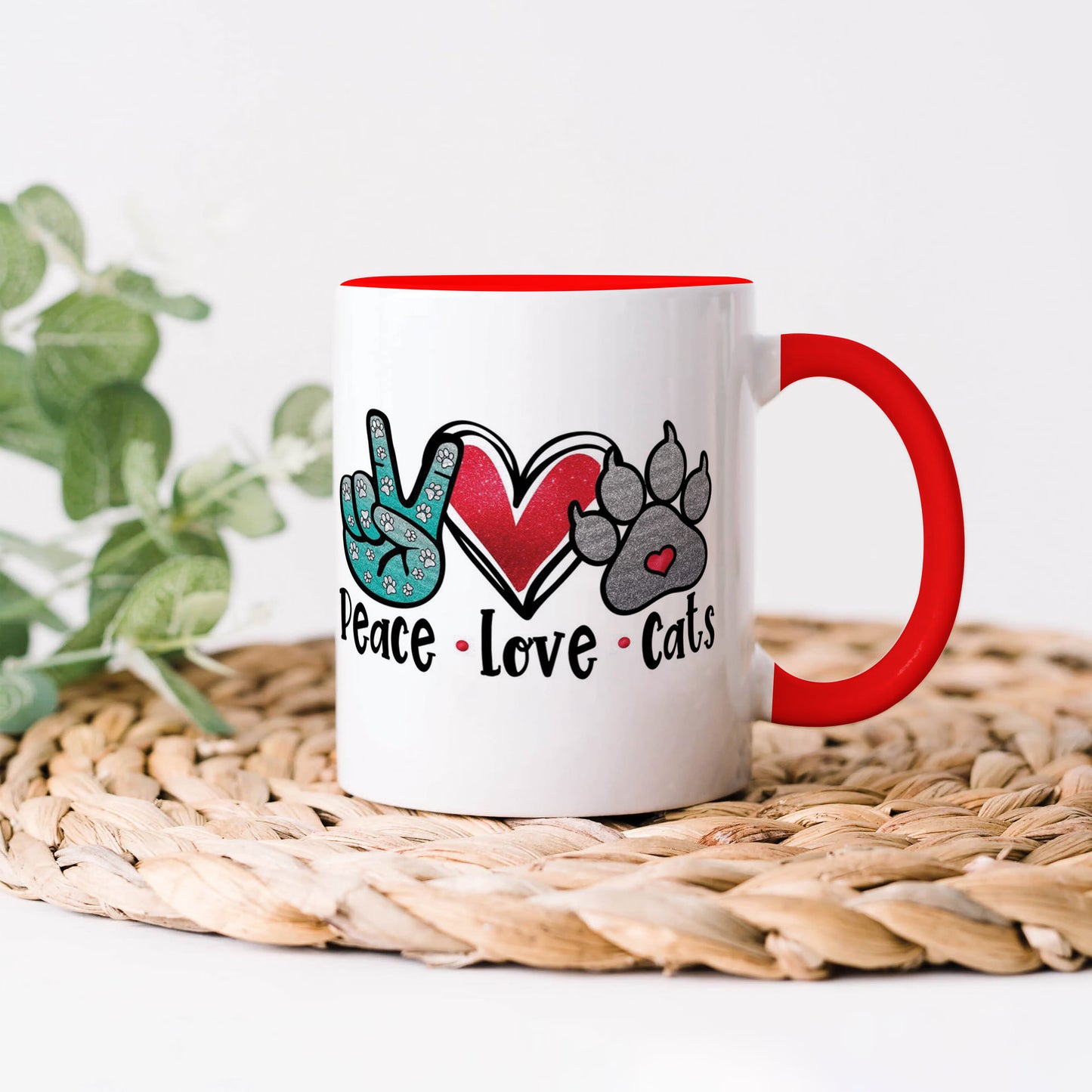 Peace Love cats design Red Handle 330 ml Coffee Mug