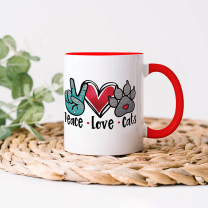 Peace Love cats design Red Handle 330 ml Coffee Mug
