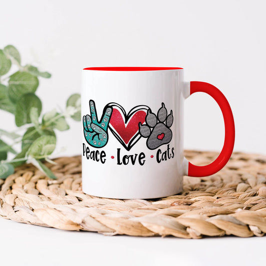 Peace Love cats design Red Handle 330 ml Coffee Mug