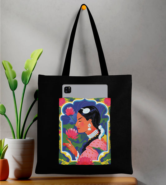 Beautiful woman illustration Design Printed Black Patch With Pocket Tote Bag (14 X 16 Inches) For Shopping, College, Travel
