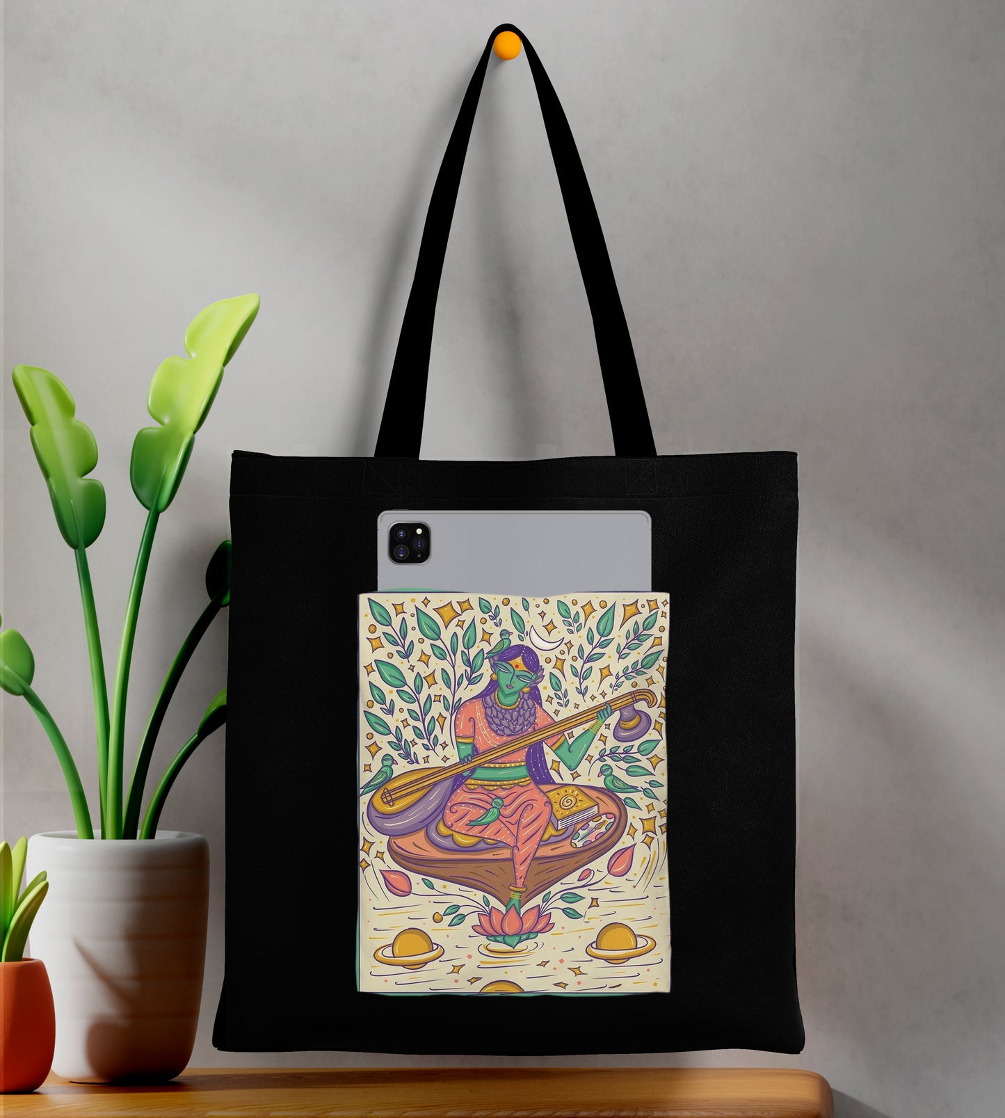 Indian Bengal Folk Art Design Printed Black Patch With Pocket Tote Bag (14 X 16 Inches) For Shopping, College, Travel
